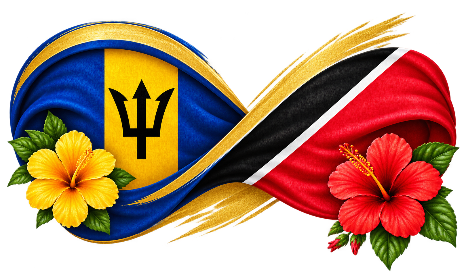 The flags of Barbados and Trinidad and Tobago woven together with hibiscus blooms